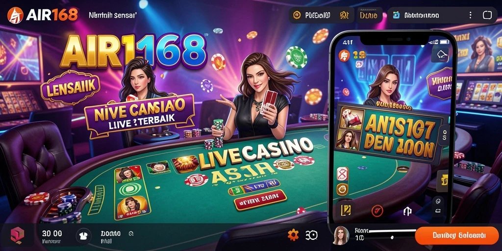 Screenshot gameplay AIR168 menunjukkan dealer langsung dan suasana kasino yang hidup.