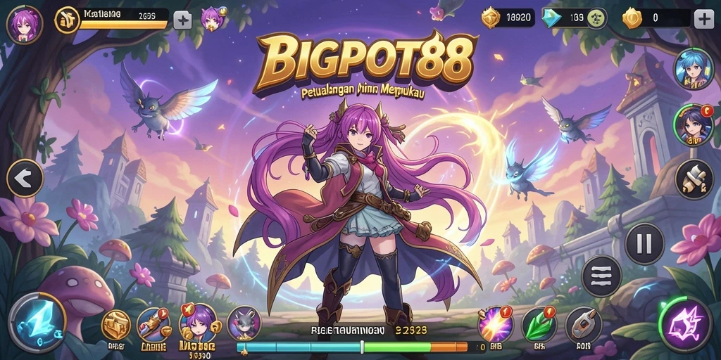 Screenshot gameplay BIGPOT88 yang menampilkan petualangan karakter anime.