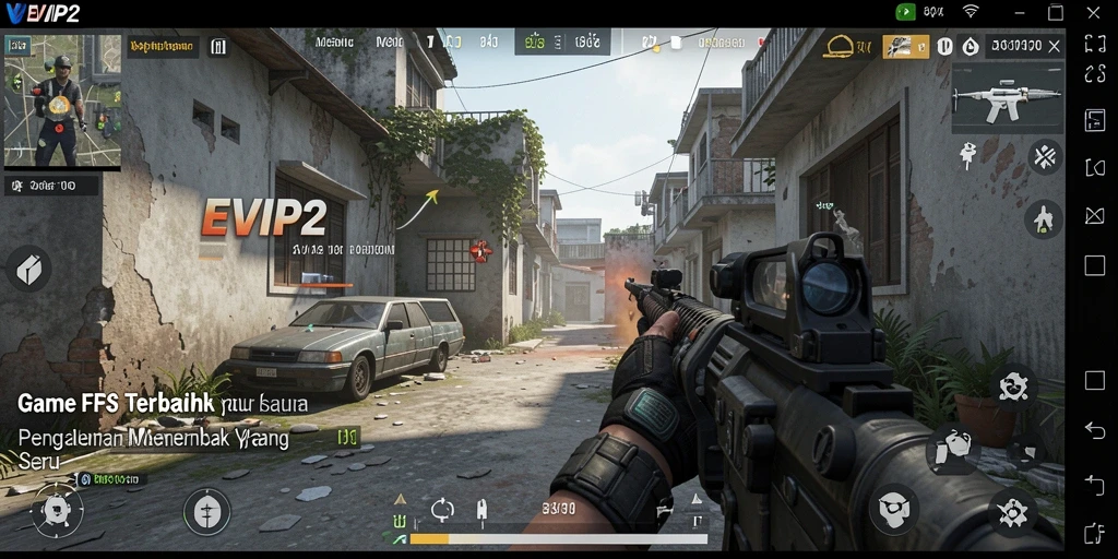 Screenshot gameplay EVIP2 menampilkan intensitas pertempuran FPS.